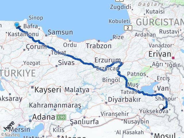 Kastamonu Hanönü Hakkari Arası Kaç Km - Yol Haritası