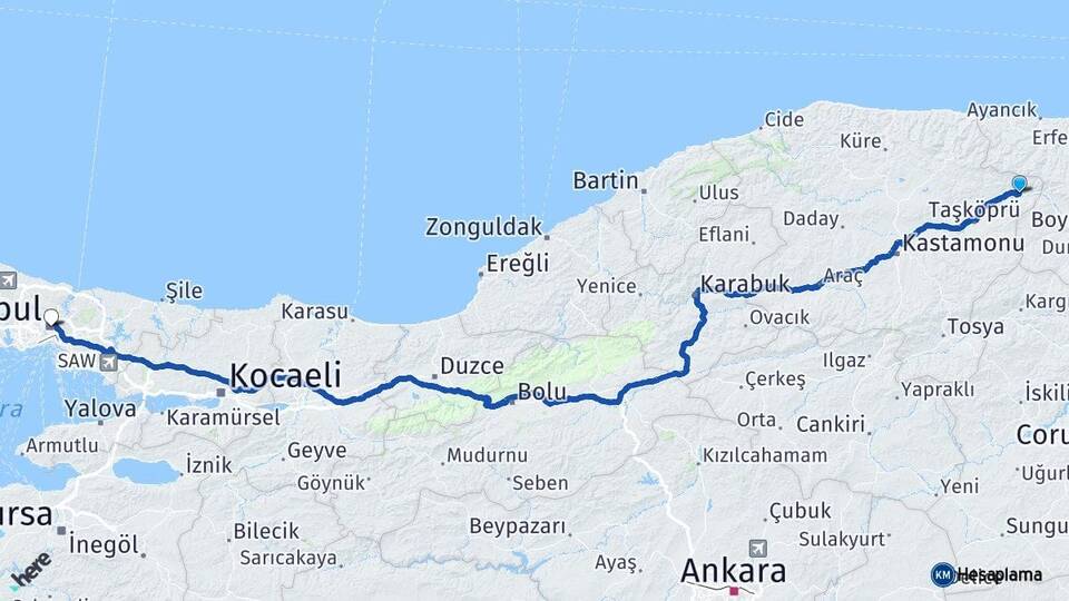 Kastamonu Hanönü İstanbul Arası Kaç Km - Yol Haritası