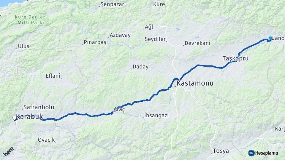 Kastamonu Hanönü Karabük Arası Kaç Km - Yol Haritası