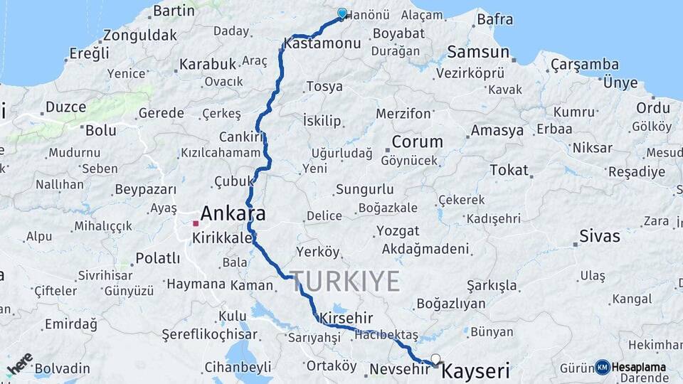 Kastamonu Hanönü Kayseri Arası Kaç Km - Yol Haritası