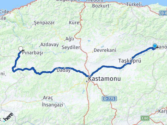 Kastamonu Hanönü Pınarbaşı Arası Kaç Km - Yol Haritası