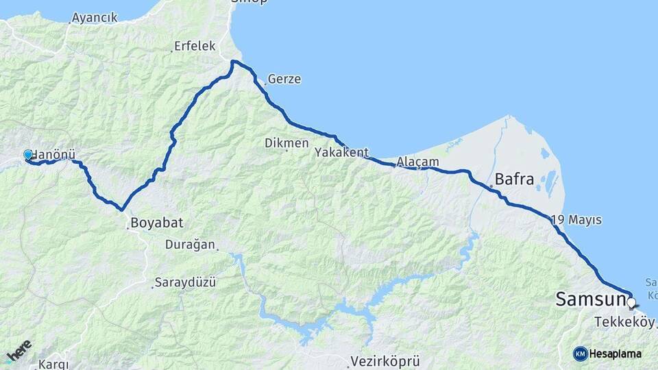 Kastamonu Hanönü Samsun Arası Kaç Km - Yol Haritası
