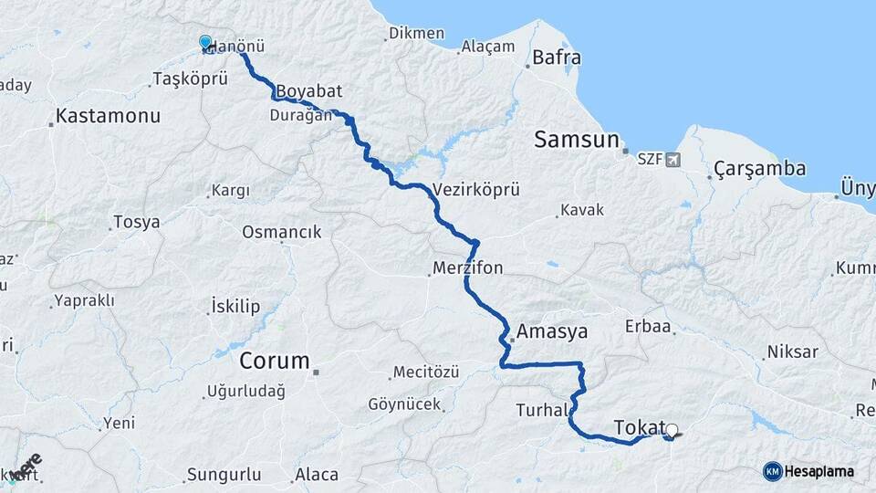 Kastamonu Hanönü Tokat Arası Kaç Km - Yol Haritası