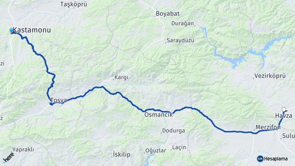 Kastamonu Havza Samsun Arası Kaç Km - Yol Haritası