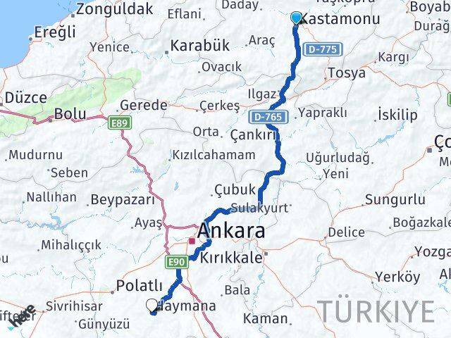 Kastamonu Haymana Ankara Arası Kaç Km - Yol Haritası