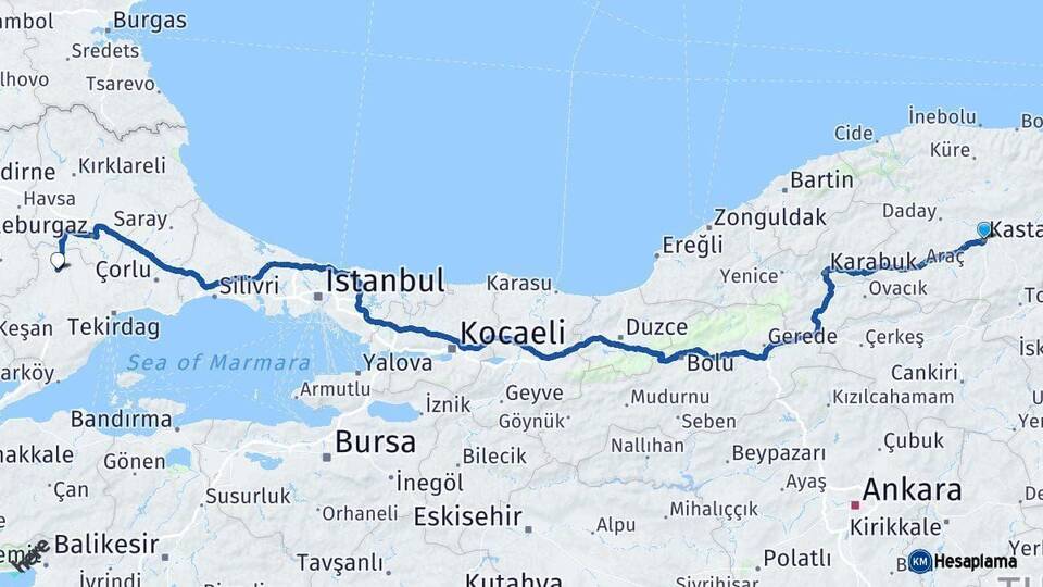 Kastamonu Hayrabolu Tekirdağ Arası Kaç Km - Yol Haritası