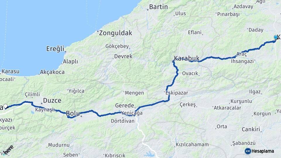 Kastamonu Hendek Sakarya Arası Kaç Km - Yol Haritası