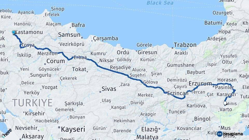 Kastamonu Hınıs Erzurum Arası Kaç Km - Yol Haritası