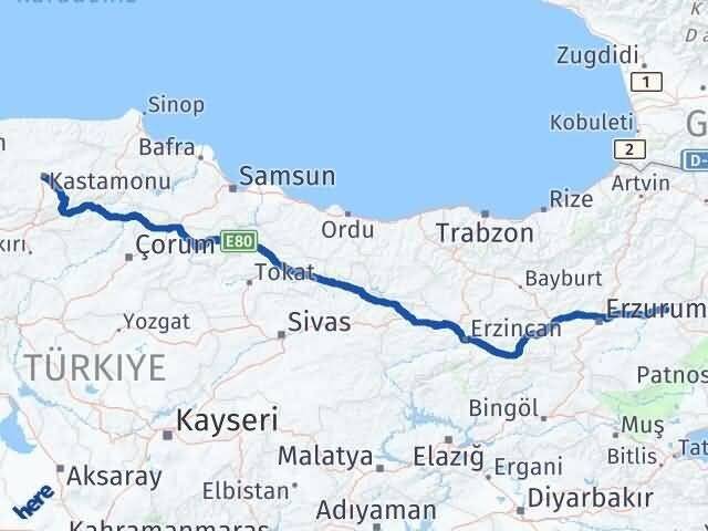 Kastamonu Horasan Erzurum Arası Kaç Km - Yol Haritası