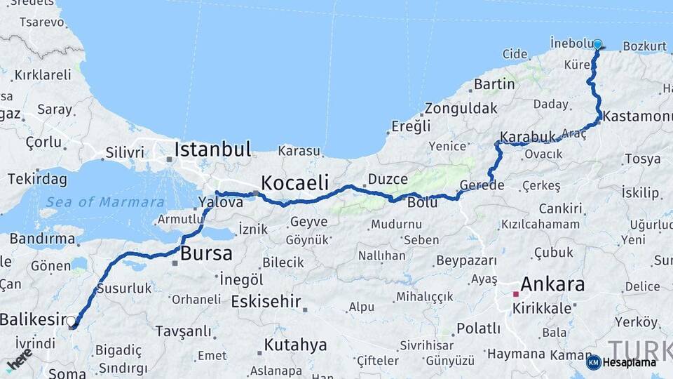Kastamonu İnebolu Balıkesir Arası Kaç Km - Yol Haritası