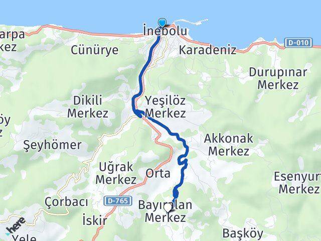 Kastamonu İnebolu Bayıralan İnebolu Arası Kaç Km - Yol Haritası
