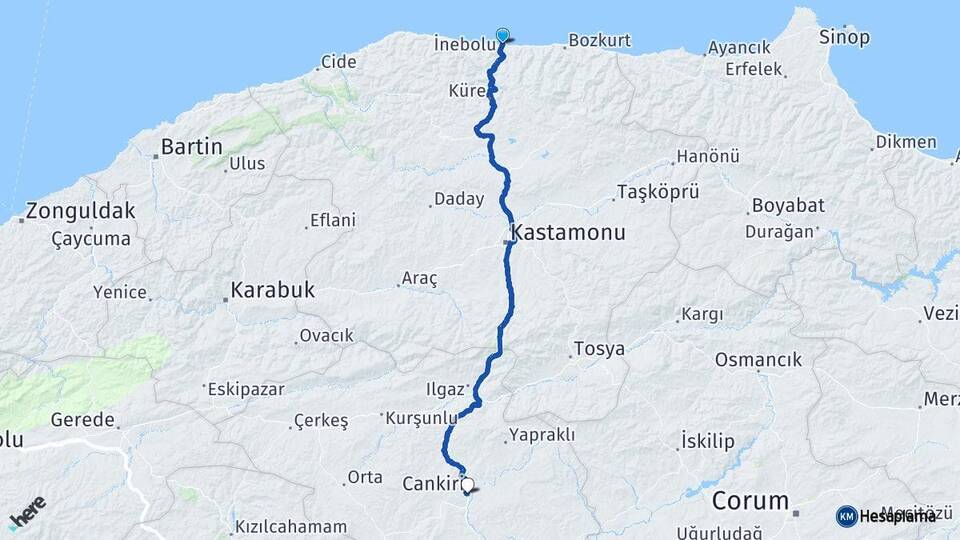 Kastamonu İnebolu Çankırı Arası Kaç Km - Yol Haritası