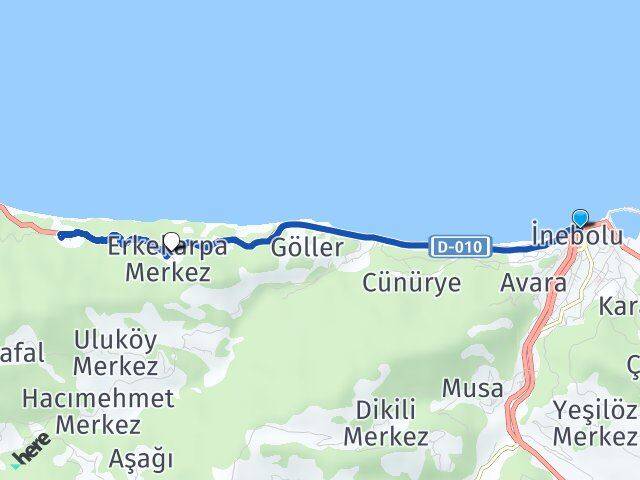 Kastamonu İnebolu Erkekarpa İnebolu Arası Kaç Km - Yol Haritası