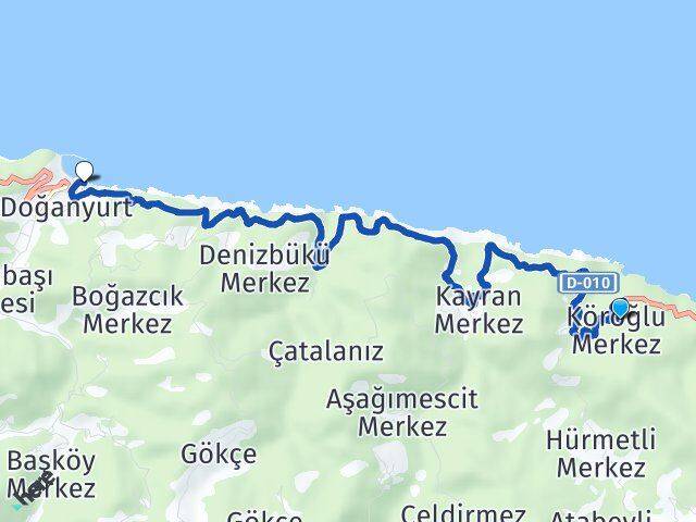 Kastamonu İnebolu Köroğlu Doğanyurt Arası Kaç Km - Yol Haritası