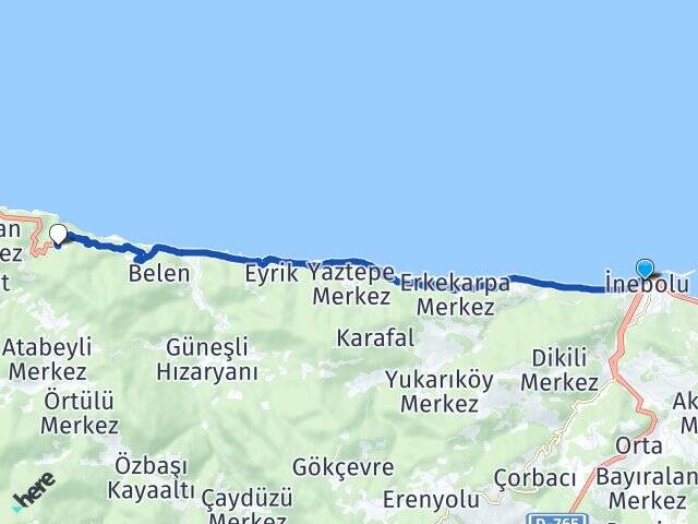 Kastamonu İnebolu Köroğlu İnebolu Arası Kaç Km - Yol Haritası