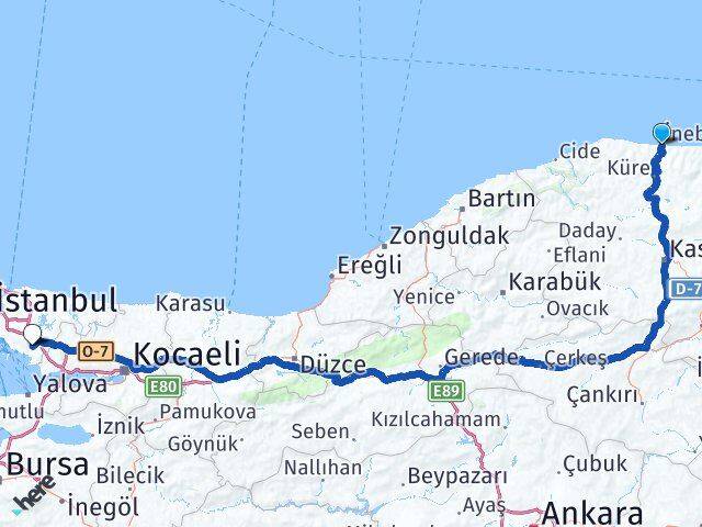 Kastamonu İnebolu Kurtköy Pendik İstanbul Arası Kaç Km - Yol Haritası