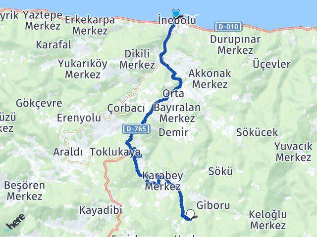 Kastamonu İnebolu Salıcıoğlu İnebolu Arası Kaç Km - Yol Haritası
