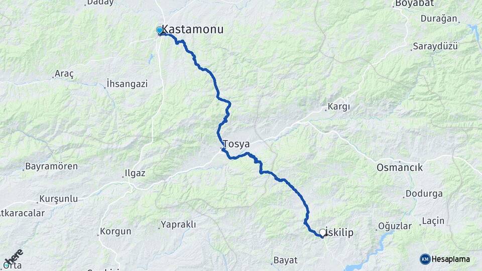 Kastamonu İskilip Çorum Arası Kaç Km - Yol Haritası