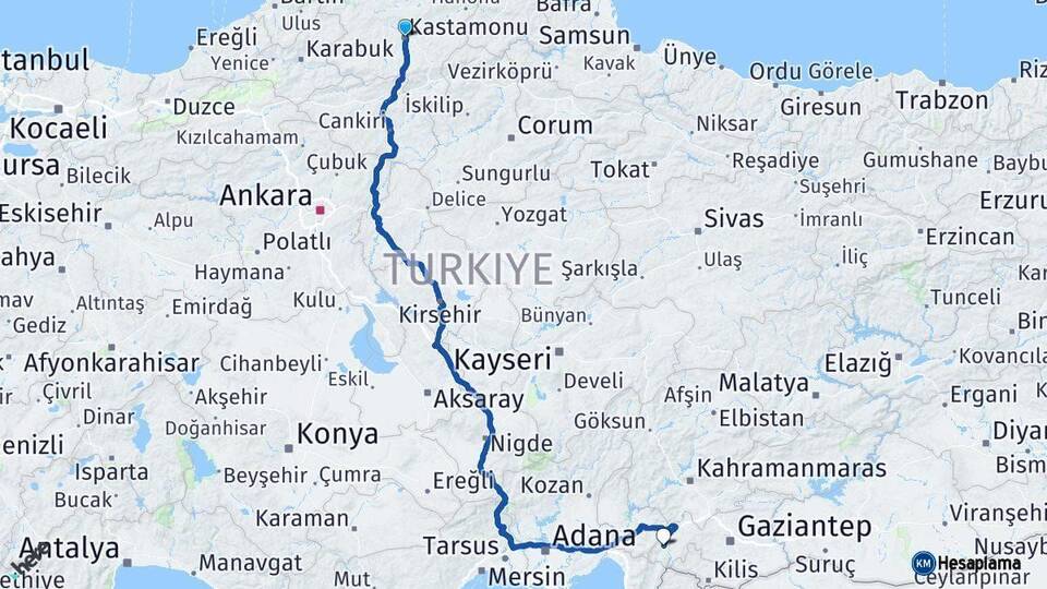 Kastamonu İslahiye Gaziantep Arası Kaç Km - Yol Haritası