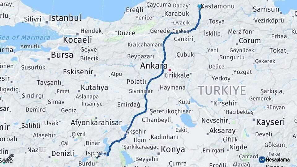 Kastamonu Isparta Arası Kaç Km - Yol Haritası