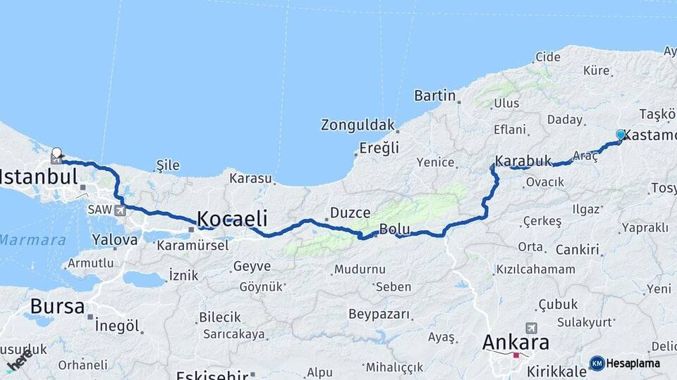 Kastamonu İstanbul Havalimanı Arası Kaç Km - Yol Haritası