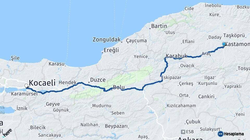 Kastamonu İzmit Kocaeli Arası Kaç Km - Yol Haritası