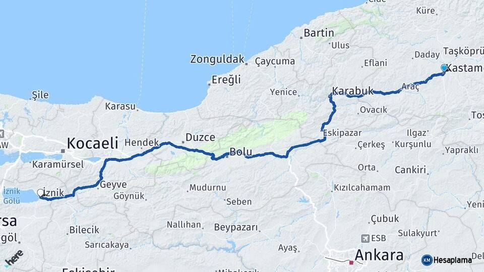 Kastamonu İznik Bursa Arası Kaç Km - Yol Haritası