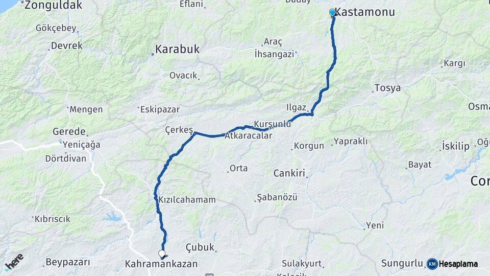 Kastamonu Kahramankazan Ankara Arası Kaç Km - Yol Haritası