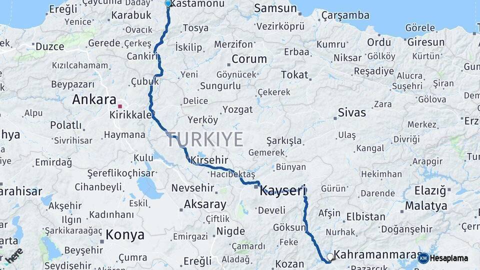 Kastamonu Kahramanmaraş Arası Kaç Km - Yol Haritası