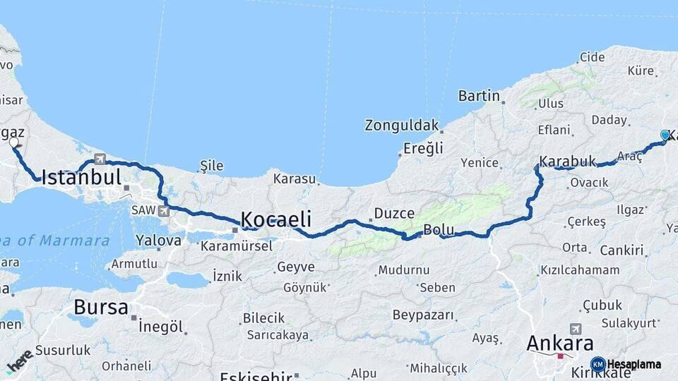 Kastamonu Kapaklı Tekirdağ Arası Kaç Km - Yol Haritası