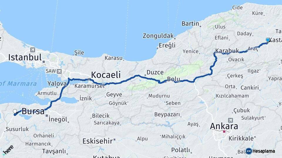 Kastamonu Karacabey Bursa Arası Kaç Km - Yol Haritası
