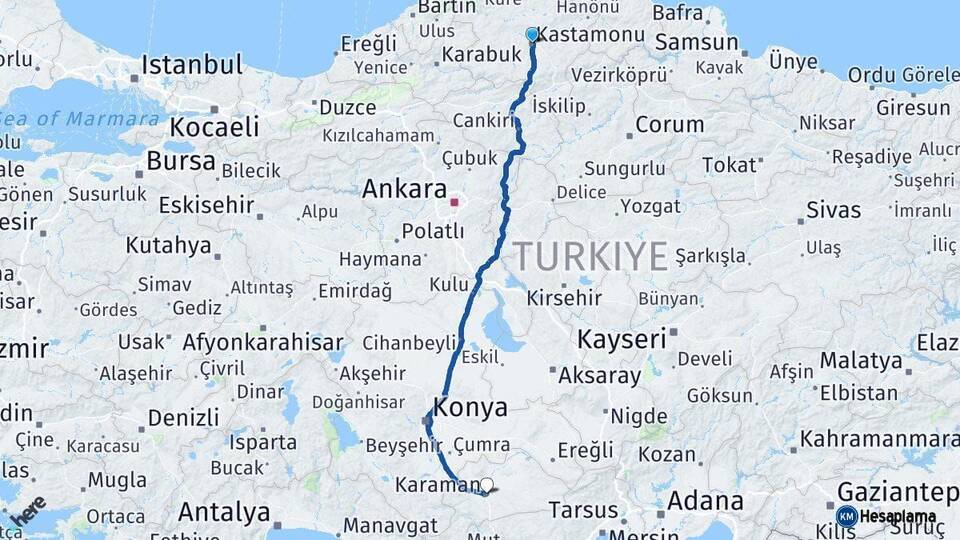 Kastamonu Karaman Arası Kaç Km - Yol Haritası