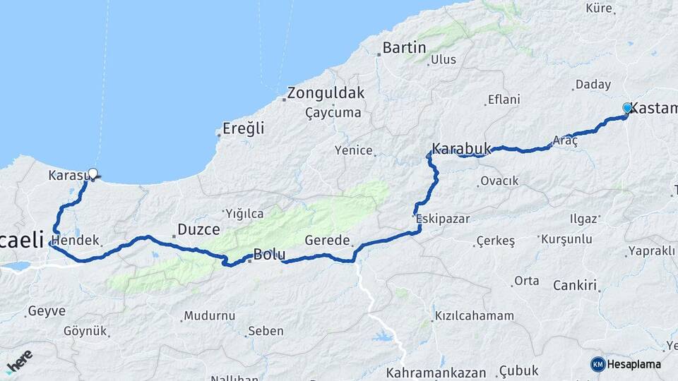 Kastamonu Karasu Sakarya Arası Kaç Km - Yol Haritası