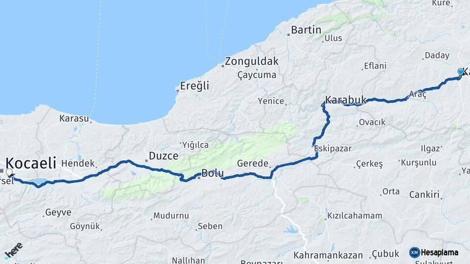 Kastamonu Kartepe Kocaeli Arası Kaç Km - Yol Haritası