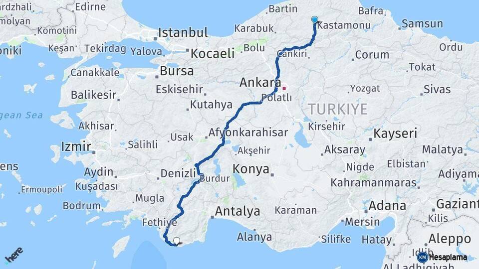 Kastamonu Kaş Antalya Arası Kaç Km - Yol Haritası