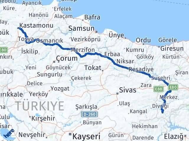 Kastamonu Kemaliye Erzincan Arası Kaç Km - Yol Haritası