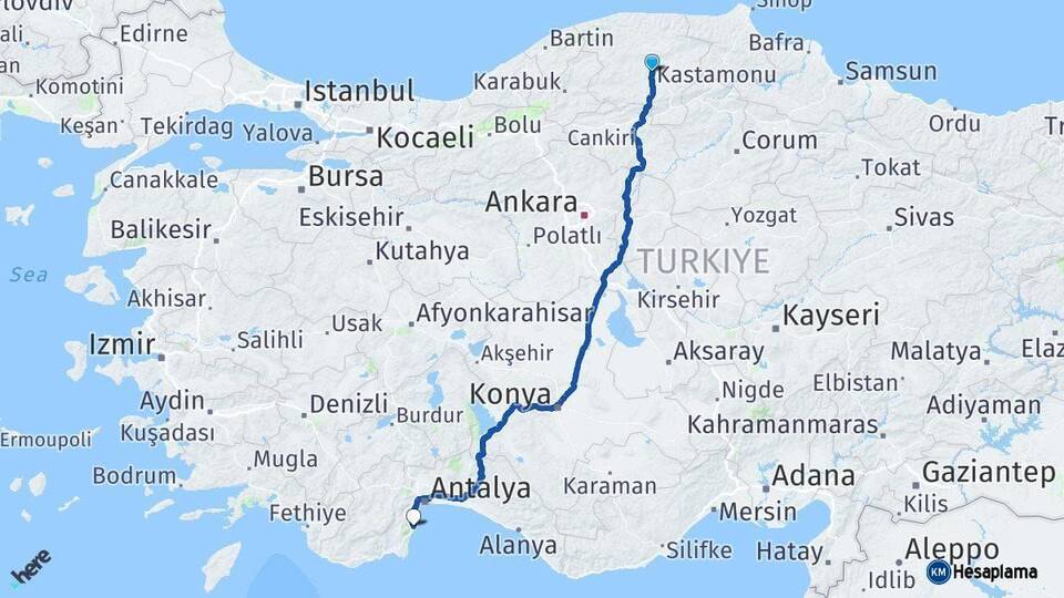 Kastamonu Kemer Antalya Arası Kaç Km - Yol Haritası