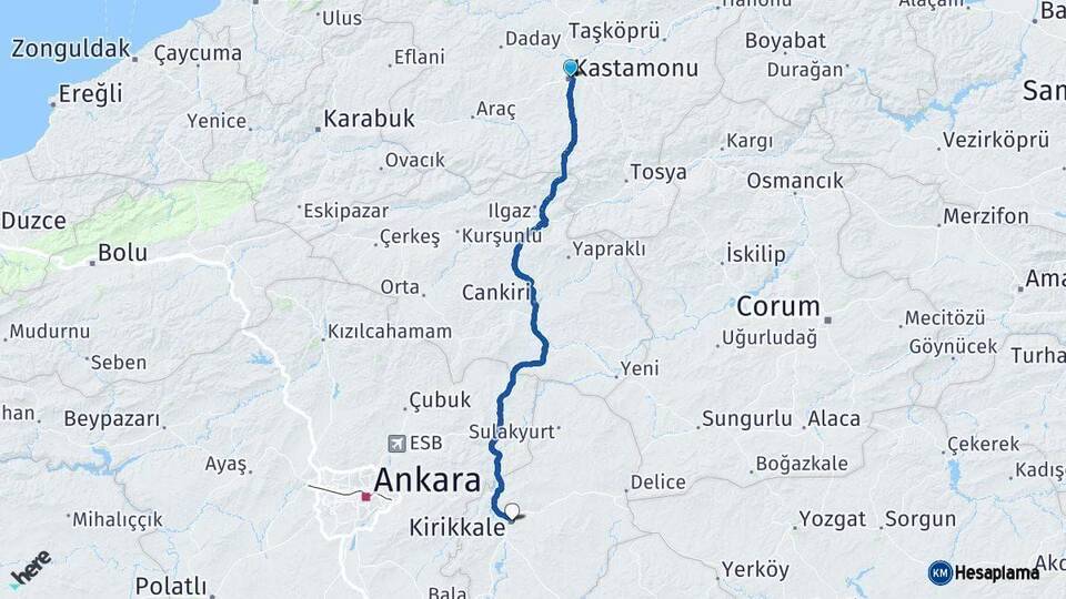 Kastamonu Kırıkkale Arası Kaç Km - Yol Haritası