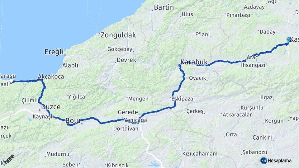 Kastamonu Kocaali Sakarya Arası Kaç Km - Yol Haritası
