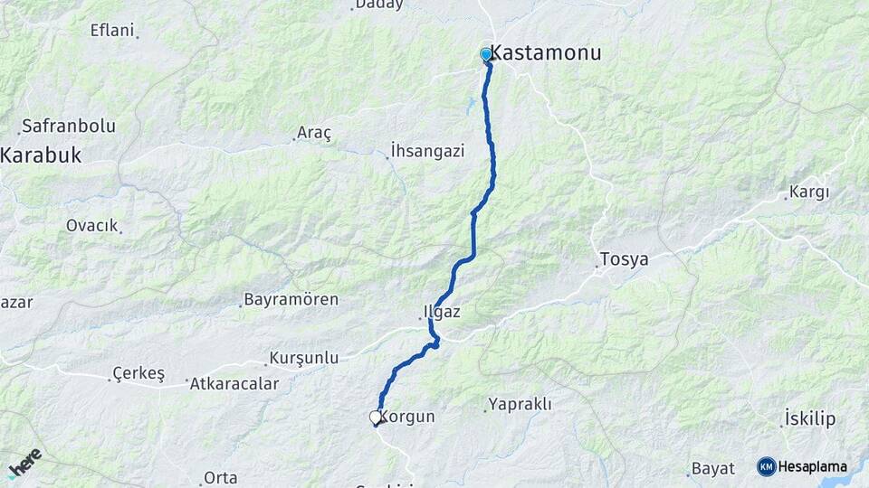 Kastamonu Korgun Çankırı Arası Kaç Km - Yol Haritası