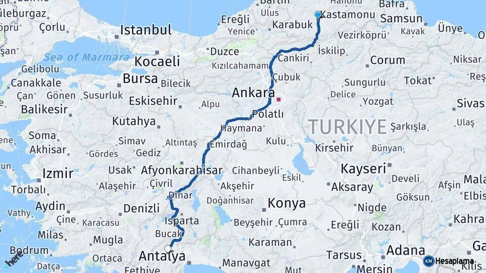 Kastamonu Korkuteli Antalya Arası Kaç Km - Yol Haritası