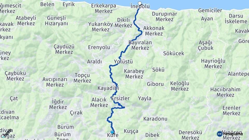 Kastamonu Küre İnebolu Arası Kaç Km - Yol Haritası