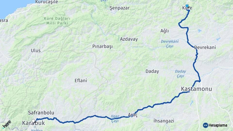 Kastamonu Küre Karabük Arası Kaç Km - Yol Haritası