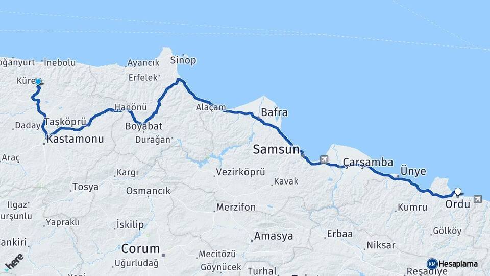 Kastamonu Küre Ordu Arası Kaç Km - Yol Haritası