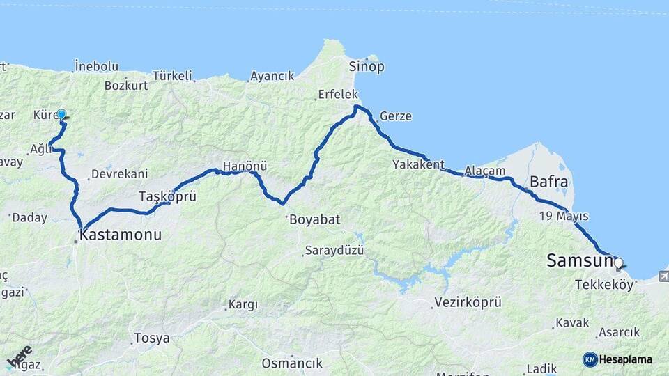 Kastamonu Küre Samsun Arası Kaç Km - Yol Haritası