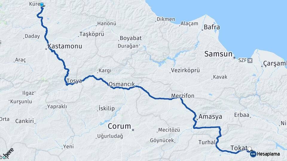 Kastamonu Küre Tokat Arası Kaç Km - Yol Haritası
