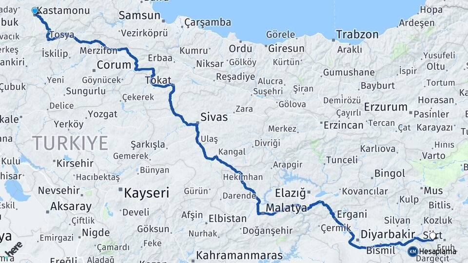 Kastamonu Kurtalan Siirt Arası Kaç Km - Yol Haritası