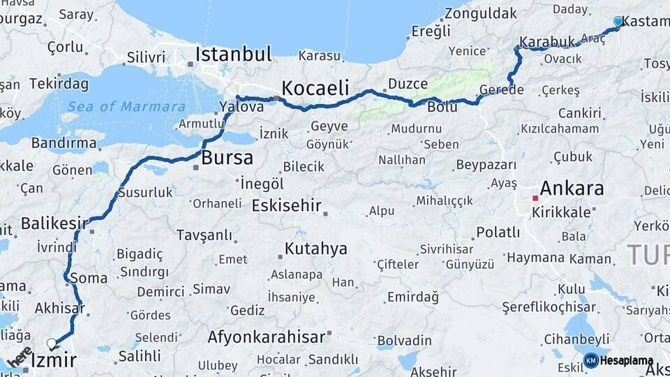 Kastamonu Manisa Arası Kaç Km - Yol Haritası
