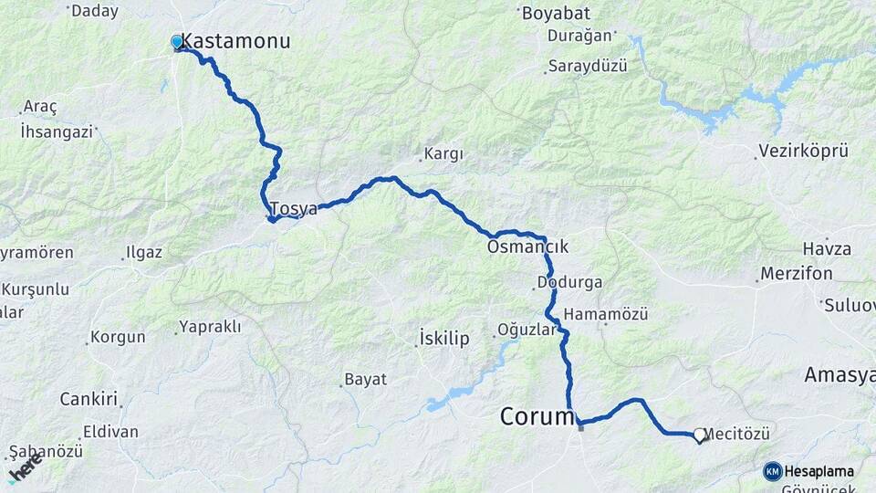 Kastamonu Mecitözü Çorum Arası Kaç Km - Yol Haritası