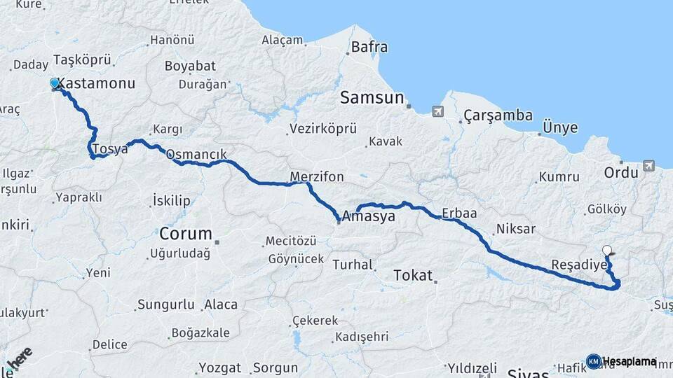 Kastamonu Mesudiye Ordu Arası Kaç Km - Yol Haritası